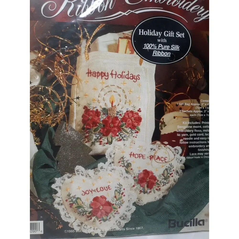 Vintage Bucilla Ribbon Embroidery Holiday Gift Set 83290 Happy Holidays